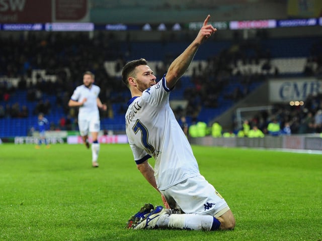 Mirco Antenucci celebrates scoring Leeds United's second goal against Cardiff City at the Cardiff City stadium in March 2016.