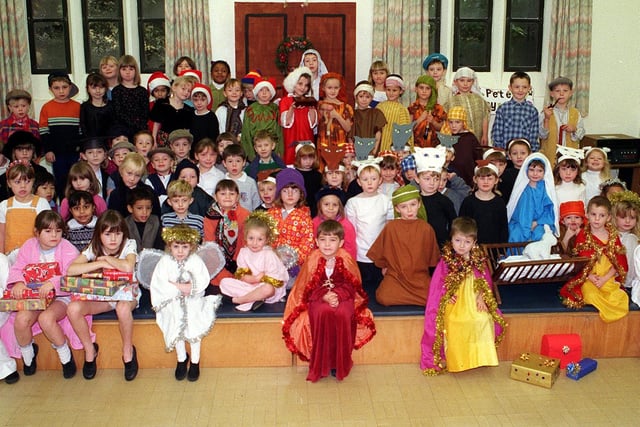 Pupils of Meanwood C of E School prepare for their Christmas play in December 1998.