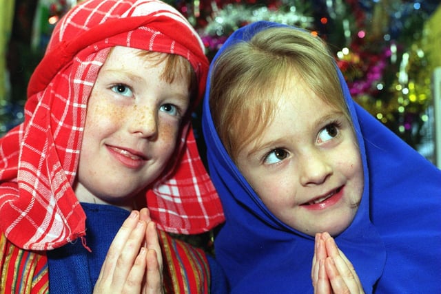 Lucas Dodd as Joseph and Lorissa Chapman as Mary in 'Gigantic Star' one of a series of nativity plays bein g staged at Bramhope Primary School in December 1995.