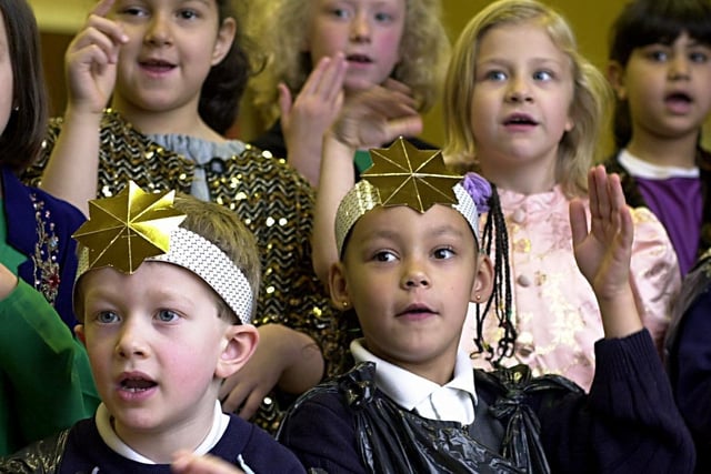Ireland Wood Primary pupils are pictured doing Makaton sign language at the school's nativity play in December 2002.