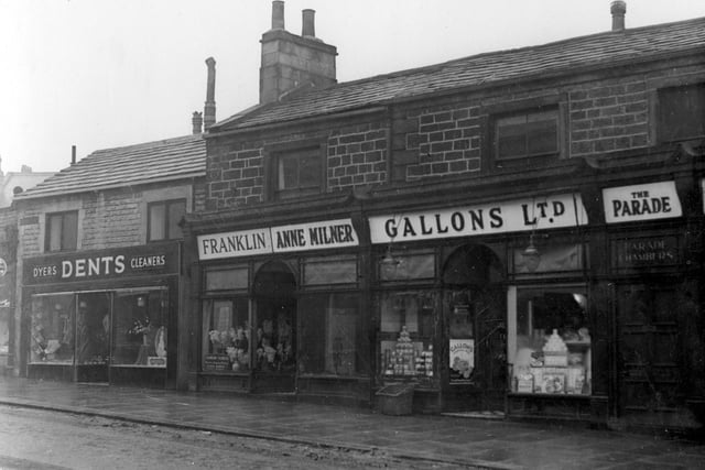 Headingley's North Lane and Parade in January 1940. Pictured is Dents cleaners Ltd as well as  William Franklin, florist, Miss Anne Milner ladies dressmaker and a branch of Gallons Ltd, grocers. On the right, entrance to Parade Chambers.