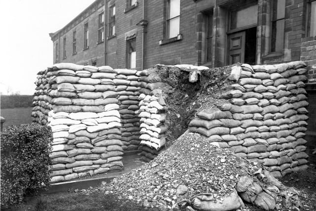 St Mary's Hospital in October 1940. Originally workhouse for Bramley Union, situated off Green Hill Road. It was also used as a maternity hospital, then a unit for the elderly. In this view, sandbags which have burst can be seen.