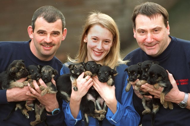 Nine puppies were saved by firefighters. Pictured are firefighter Mick Wilkinson (left) and leading firefighter Bob Feather from Gipton Fire Station with Claire Holdsworth, animal homes assistant at the RSPCA.