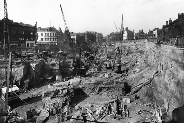 The Headrow construction site of the new Lewis's store in April 1931.. The site is being excavated before the laying of the foundations.