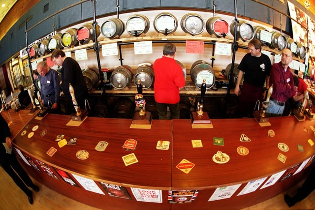 A line up of beers at the Leeds Beer Festival at Pudsey Civic Centre in March 1999.