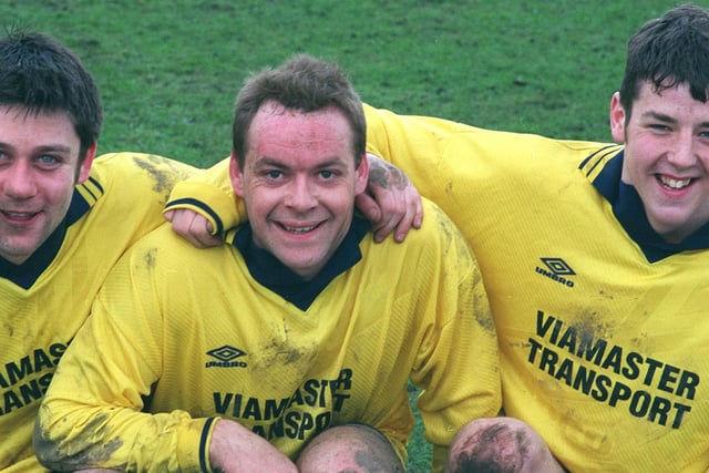 Junction, Pudsey kept up their promotion push in Division Three of the Leeds Combination League with a 4-1 victory over Woodcock in March 1998. Pictured from left are  , scorers Peter Walton (two) Mark Capstick and Mark Wilson.