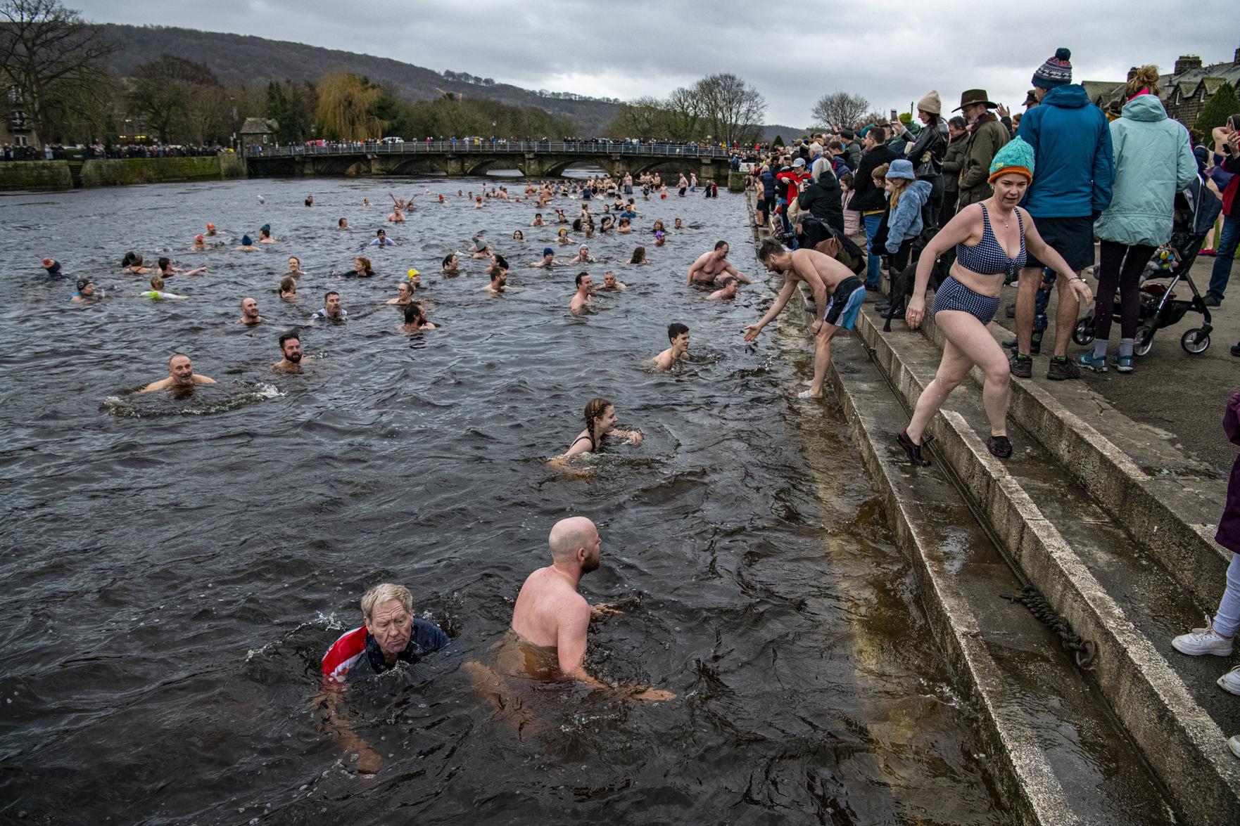 The riverside was packed for the dip