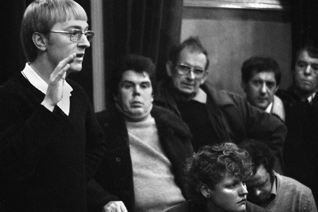 Wigan workers have questions for National Union of Mineworkers President Arthur Scargill and hard left Labour MP for Nuneaton Les Huckfield at Wigan Town Hall during a meeting on Friday 27th of November 1981.