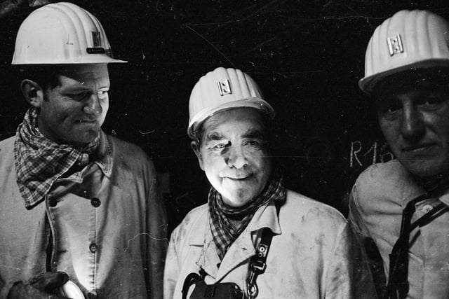 1th November 1974:  Joe Gormley (centre), the leader of the National Union of Mineworkers visiting a coal mine in West Germany.  (Photo by Terry Disney/Express/Getty Images)