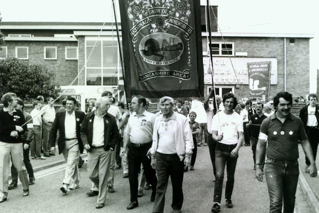 A rally sets off from Leigh Miners Welfare Institute in 1984 during the miners strike