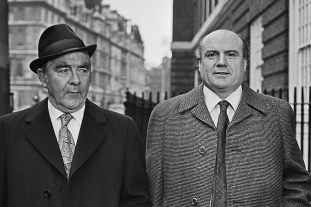 British trade unionist Joe Gormley (1917 - 1993, left), President of the National Union of Mineworkers (NUM) and Lawrence Daly (1924 - 2009), the NUM's General Secretary, UK, December 1973.  (Photo by Evening Standard/Hulton Archive/Getty Images)