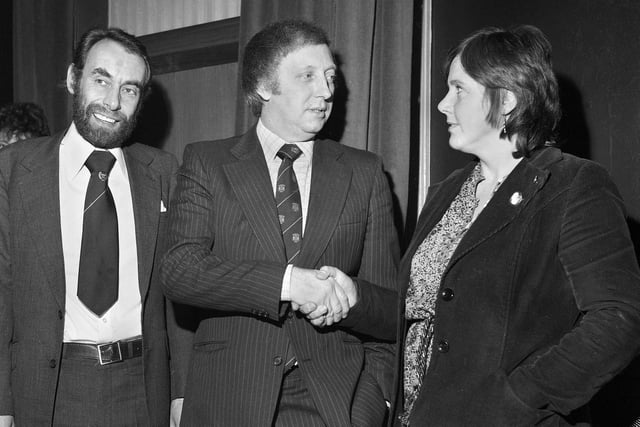 National Union of Mineworkers President Arthur Scargill and hard left Labour MP for Nuneaton but prospective Labour candidate for Wigan, Les Huckfield, are welcomed to Wigan Town Hall for a public meeting organised by Swinley Ward Labour Club on Friday 27th of November 1981.