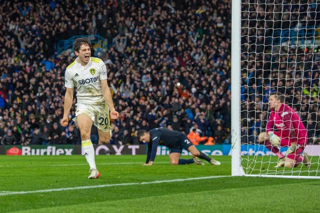 ELATION: Whites winger Dan James races off to celebrate after scoring Leeds United's third goal in second half stoppage time to make sure of sinking the Clarets at Elland Road. Picture by Tony Johnson.