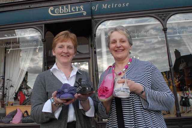 Cobblers of Melrose proprietors Elinor Logan, left, and Anne Forrest celebrate the shop's tenth anniversary in 2010.