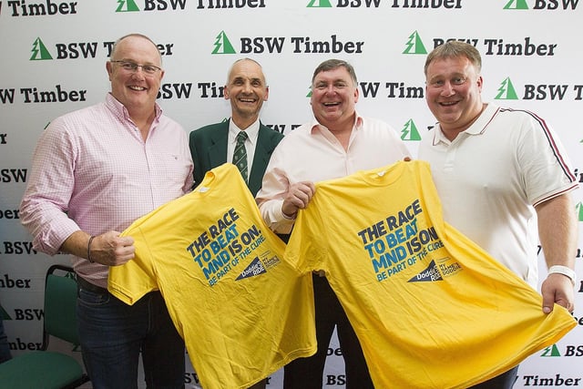 Dave Chapman, Rory Bannerman, Tony Hackney CEO of BSW Timber and Janez Mazej promoting Doddie's cycle event