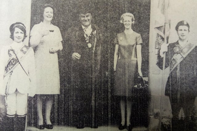 At Abbotsford - the Braw Lad and Lass, Provost Pate, Mrs Patricia Maxwell-Scott and Miss Jean Maxwell-Scott.