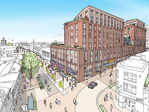 Abington Street - this new artist impression is looking down Abington Street towards the site of the former M&S building. Under the plans, the building would be replaced with accommodation and retail/cafes. This project needs combined funding by developers and the borough council to become a reality