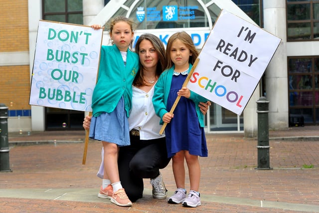 Children,parents and school staff protesting after WSCC didn't support Heron Way and Kingslea reopening. Amy Hardwick with daughters Primrose and Mabel. Pic Steve Robards SR2006291 SUS-200629-133557001