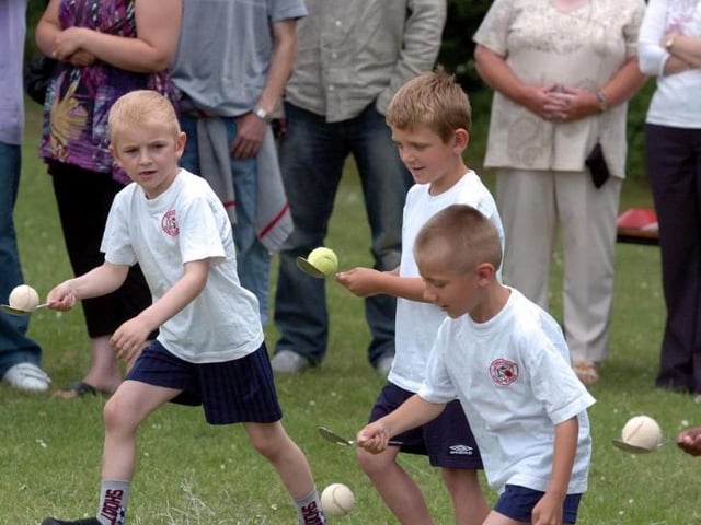 The egg and spoon race is a classic, switching the eggs for tennis balls prevents the mess from smashed shells! These children at Danesholme Infant Academy were racing in 2010. Photo by Alison Bagley