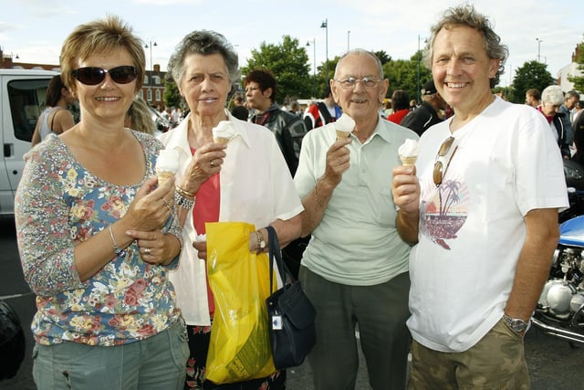 Enjoying an ice cream at the Bike Night. Pictured far left and far right, are Lesley and Robert Stone from Boston, with Mavis and Aubrey West, of Benington (centre).