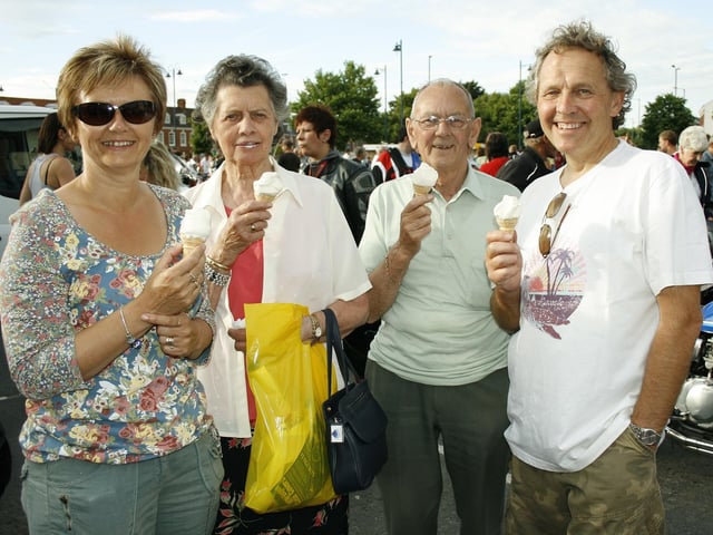 Enjoying an ice cream at the Bike Night. Pictured far left and far right, are Lesley and Robert Stone from Boston, with Mavis and Aubrey West, of Benington (centre).