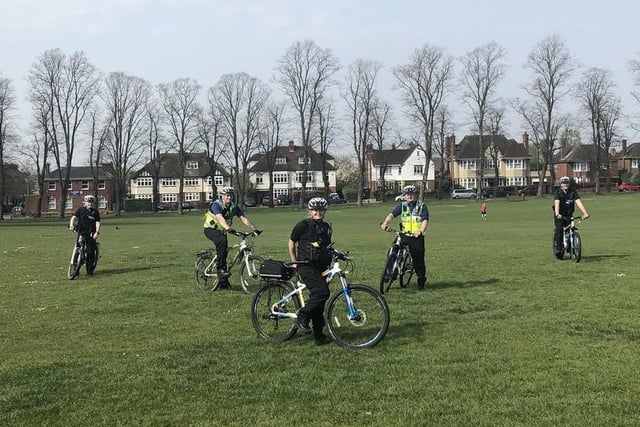 From left PC Lewis Dickens, PCSO Chris Hilton, PC Aimee Holdcroft, PSCO James Earl and PC Tom Hill of the Northampton Neighbourhood Policing Team get on their bike to patrol The Racecourse.