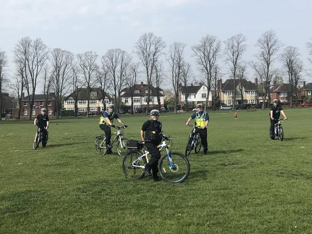 From left PC Lewis Dickens, PCSO Chris Hilton, PC Aimee Holdcroft, PSCO James Earl and PC Tom Hill of the Northampton Neighbourhood Policing Team get on their bike to patrol The Racecourse.