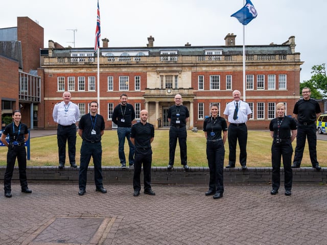 The Northamptonshire Police Op Talla command team, which has helped implement all the government guidelines to help protect the public and Force, keeping us safe during the Covid-19 pandemic. From back left Assistant Chief Constable Simon Blatchly, Inspector Mark Holland, Sergeant Alasdair Fraser, Chief Inspector Vaughan Clarke and Superintendent Elliot Foskett. Front: Inspector Sara-Louise Parrott, Name Name, Name Name, Sergeant Eleanor Baird and Superintendent Sarah Johnson.