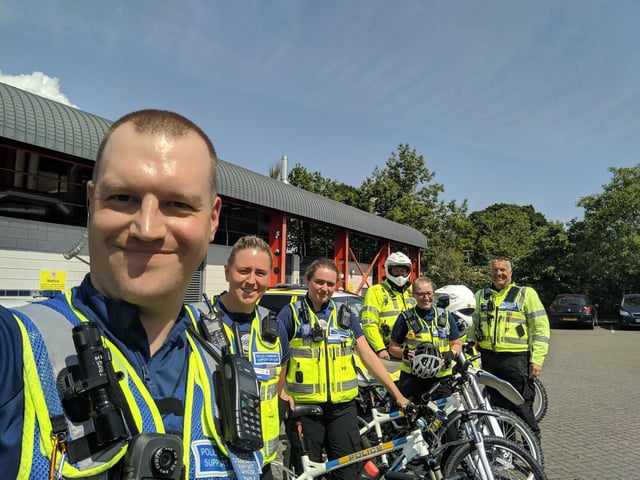 Members of the Northampton Neighbourhood Policing Team get ready to patrol the south west of the town on their pedal cycles and off-road motorbikes. Pictured are PCSOs Lee Shelton, Becky Evans, Beth Allwork, Lucy Hooper-Hall, Steve Whiting and PC Chris Bates