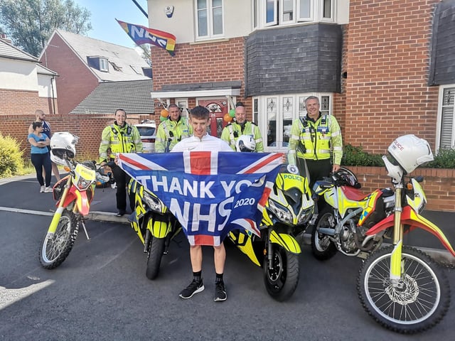 Northamptonshire Police motorcyclists provided an escort for champion triathlete Trystan Barnett who completed a marathon on his 18th birthday to raise money for the NHS. He is pictured with from left: PC Louise OSullivan, PC Andy Nolan, PC Chris Tall and PCSO Steve Whiting.
