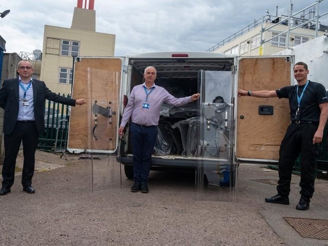 PC Mike Bellchamber from Northamptonshire Polices Operations Team delivers 40 surplus shields to Northampton General Hospital, where they will be turned into essential PPE to keep staff and visitors safe
