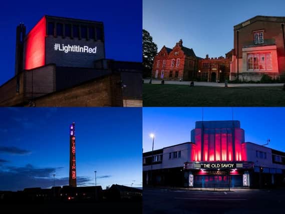(Clockwise from top left) The Derngate, Delapre Abbey, The Old Savoy and the Lift Tower join the national Light It Up Red campaign. Photos: Leila Coker