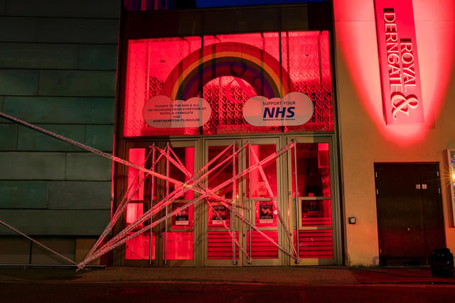 The Derngate entrance was lit up red and covered in pink tape for the similar Scene Change campaign. Photo: Leila Coker