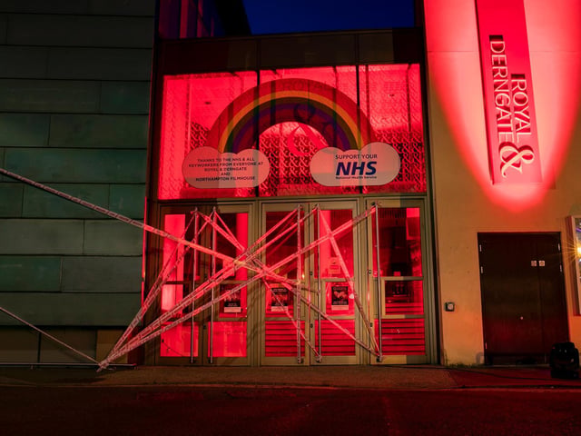The Derngate entrance was lit up red and covered in pink tape for the similar Scene Change campaign. Photo: Leila Coker