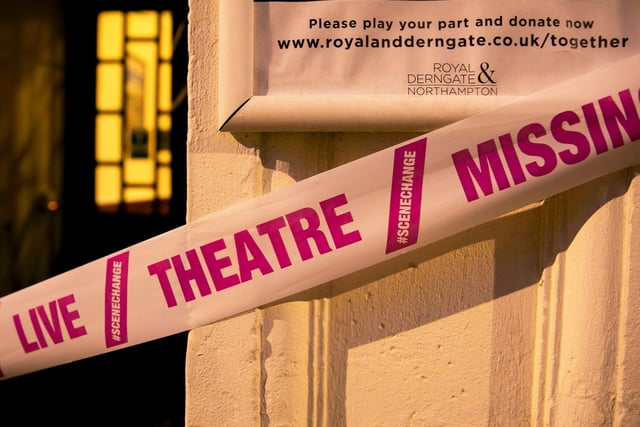 The Derngate entrance was covered in pink tape for the similar Scene Change campaign. Photo: Leila Coker