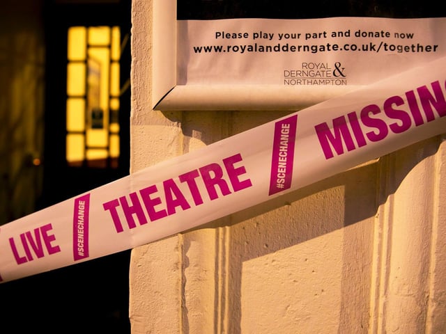 The Derngate entrance was covered in pink tape for the similar Scene Change campaign. Photo: Leila Coker
