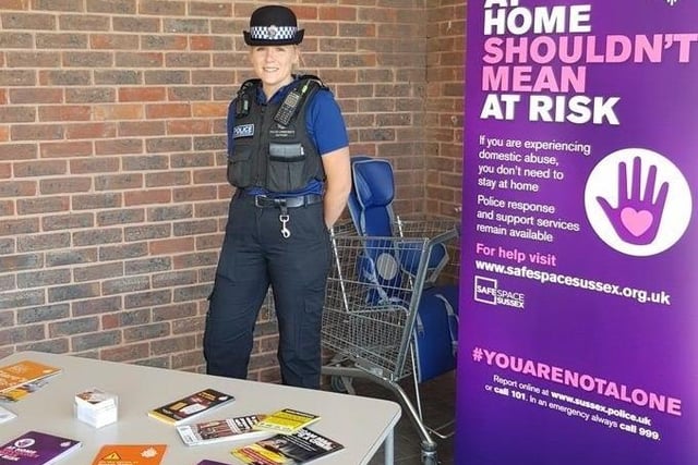 A PCSO in Broadbridge Heath, Horsham, in May 2020 raising awareness around domestic violence during lockdown