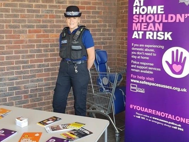 A PCSO in Broadbridge Heath, Horsham, in May 2020 raising awareness around domestic violence during lockdown