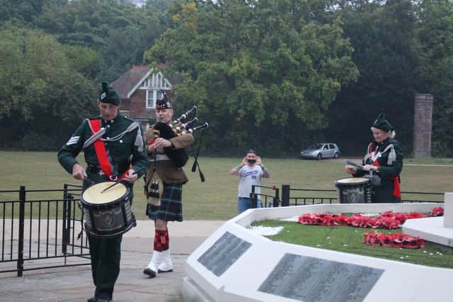 The piping band was at the war memorial in Alexandra Park this morning to mark VJ Day