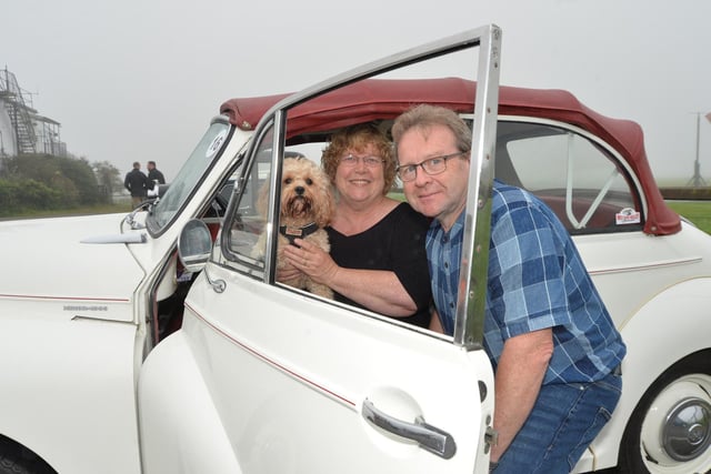 Mark and Felicity Peberdy with George and their 1958 Morris Minor called Jessica.