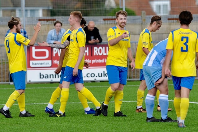 Action and goal celebrations as Lancing beat Lingfield / Picture: Stephen Goodger