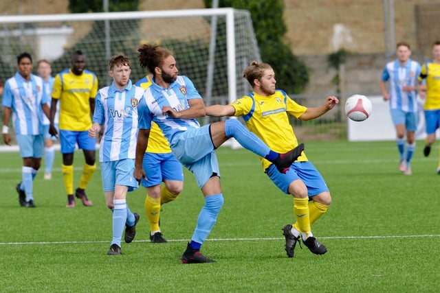 Action and goal celebrations as Lancing beat Lingfield / Picture: Stephen Goodger