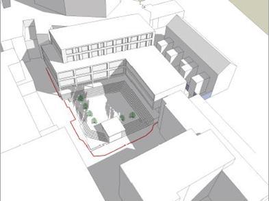 Plan to building "hub" of accommodation, offices and shops around a terraced courtyard near to Royal and Derngate Theatre.