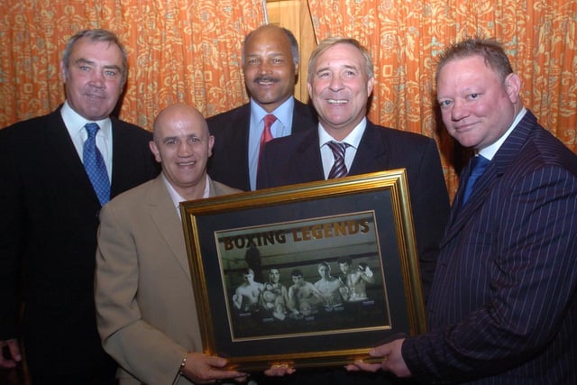 Alan Minter, Charlie Magri, John Conteh and John H Stracey with Kev Sanders at his boxing dinner at E of E showground.
