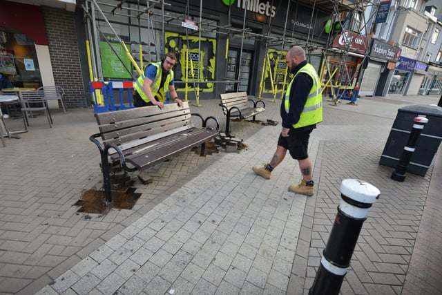 Benches being removed from Wellington Place in Hastings. Photo taken at 7.30am 11/9/20 SUS-201109-081453001
