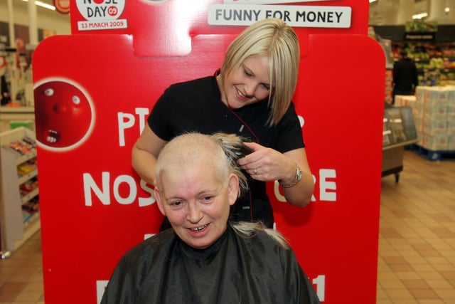 Sainsbury's employee, Pat Cook, also bravely had her head shaved for Red Nose Day in 2009 by a hairdresser from Hair Express.
