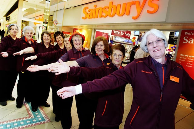 Sainsbury'; s (Grosvenor centre) re-opens after a 12 day refit. Long serving staff members help with the opening of the store....Names & Service front-back: Valetta Maycock (40), Kay Isles (39), Janice Cave (38), Margaret Stonton (31), Mary Kiely (31), Chris Grant (30), Helen Ludlow (30), Heather Simmons (29), Linda Gibbons (28)