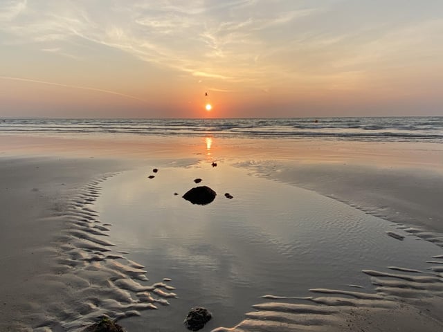 Melanie Wells took this sunrise at Eastbourne beach, by the lifeguard station, with an iPhone Max Pro. "The sea was still relatively warm and it was so peaceful walking in the wet sand and watching the changing colours of the sun as it reflected across low tide," she said. SUS-200923-100703001