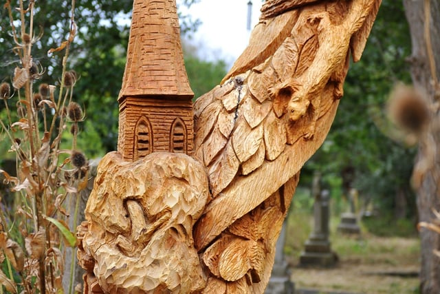 Simon Groves’ carvings on a damaged tree, funded through Spacehive. Picture: Steve Robards SR2009233
