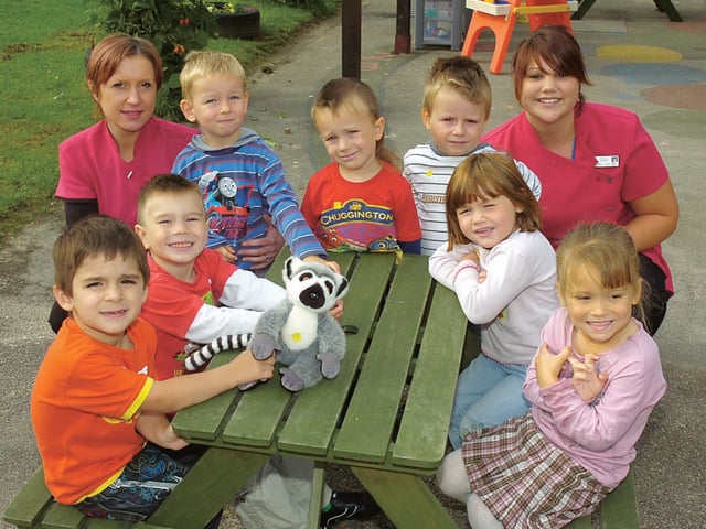 Kindergarten children are pictured with Magdalena Borcz (left) and Laura Tyler.